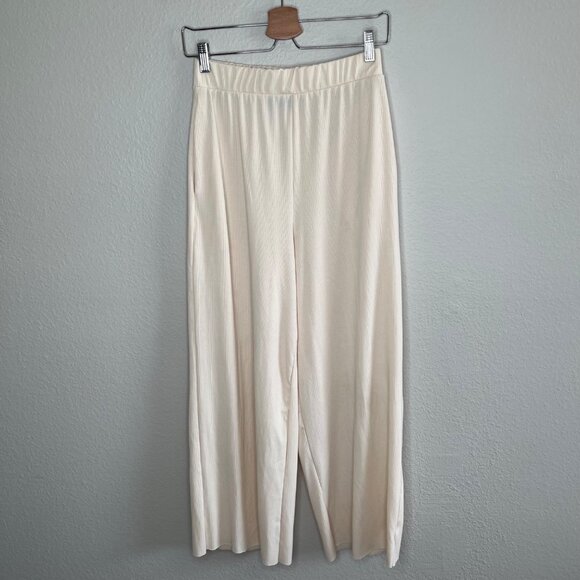 Dressed in LALA Small Cream Colored High-Waisted Wide Leg Ribbed Pants - Picture 5 of 8